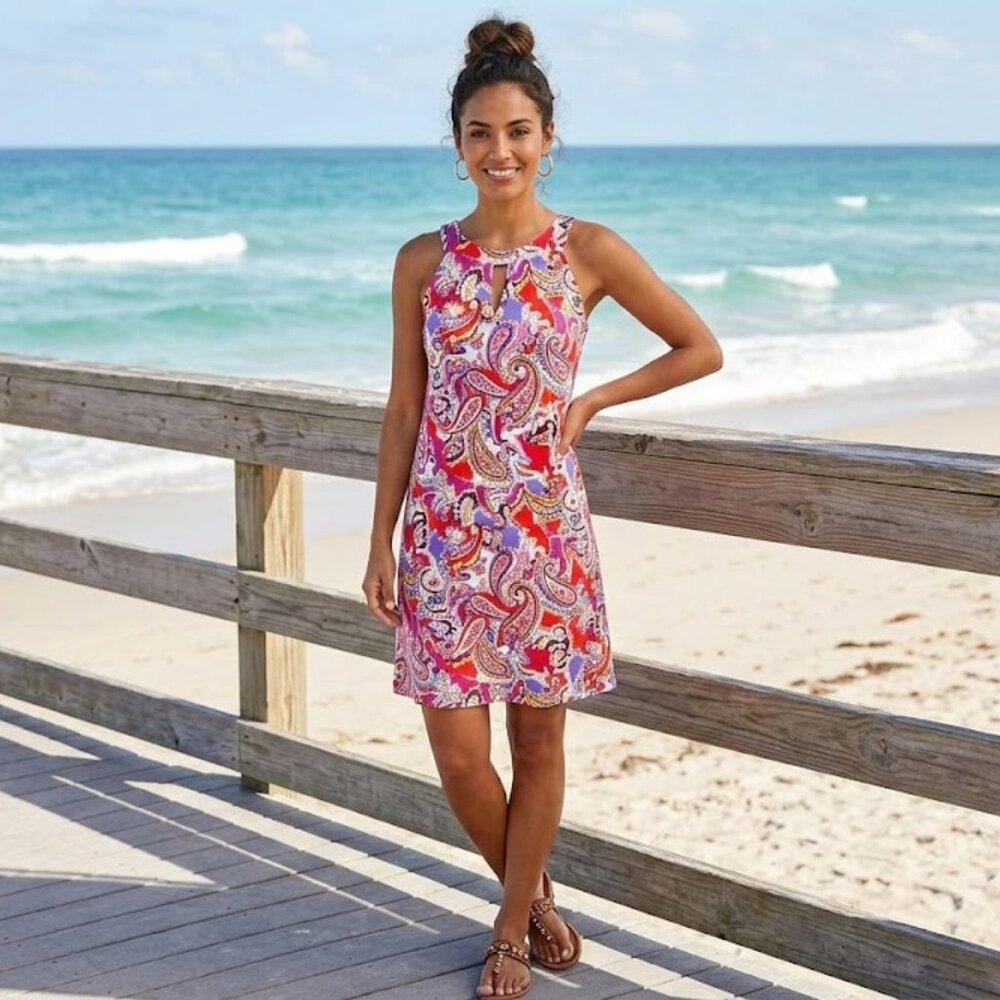 ❤️JUDE CONNALLY Lisa Keyhole Dress XS Red White & Purple Paisley Festival Halter